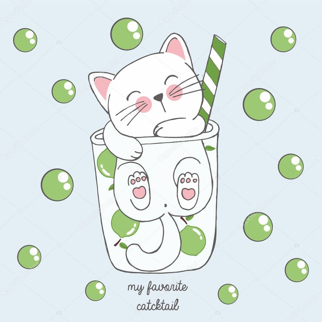 Vector illustration of cute kawaii hand drawn cat in anime style in a glass of lime cocktail with green bubbles, lettering my favorite catcktail, drawing for childrens menu, cocktail party