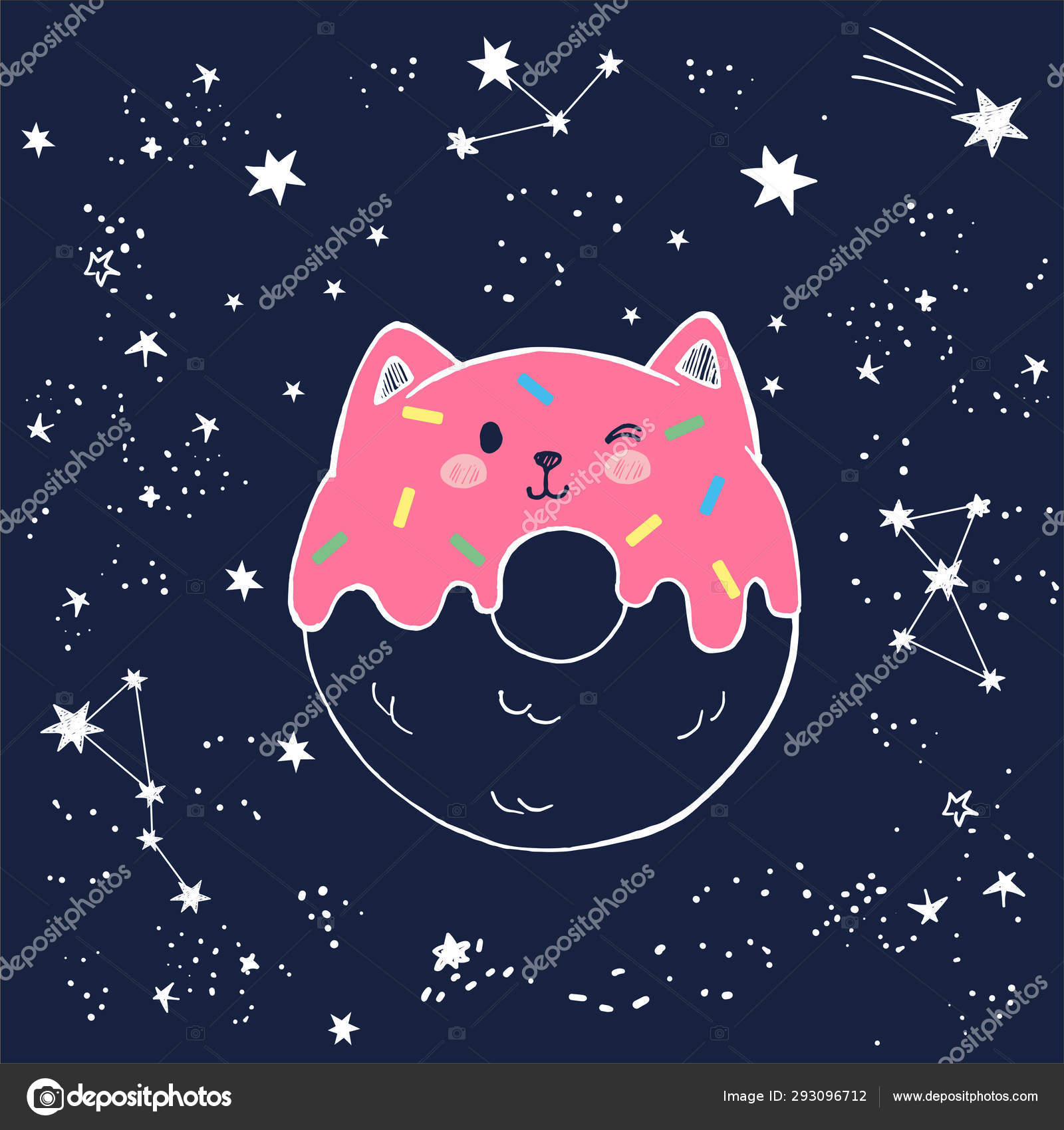 Vektor niedliche handgezeichnete Illustration eines glasierten  katzenförmigen süßen Donuts mit rosa Marmelade, Marzipanbelag, Kawaii- Gesicht im Anime-Stil, Weltraum mit Sternschnuppen, Sternenstaub und  Sternbildern Stock-Vektorbild von ©Caupona 293096712, image size:1600x1700