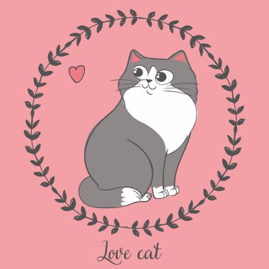 Kalp ile yuvarlak çiçek çerçeve içinde el çizilmiş kedi Vektör illüstrasyon, aşk kedisi harfleri, çizgi film karakteri boya kalemleri ile çizilmiş t gömlek için moda baskı olarak kullanılabilir