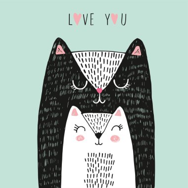Anneler günü için iki sevimli siyah beyaz kedi vektör illüstrasyon, babalar günü veya sevgililer günü, harflerle aşık kediler ile elle çizilmiş tebrik kartı aşk