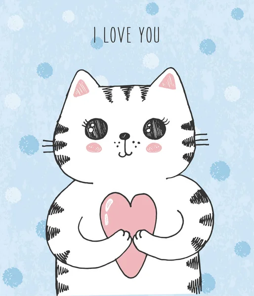 Ilustración vectorial de lindo gato blanco rayado con grandes ojos y corazón en sus manos sobre fondo grunge lunar rayado, saludo dibujado a mano Tarjeta del día de San Valentín con letras Te amo — Archivo Imágenes Vectoriales