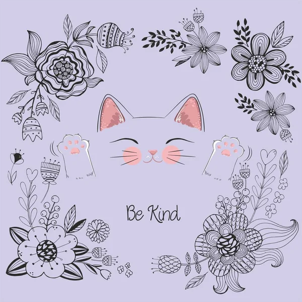 Vector illustration of a cute cat with a hand drawn flower frame, a handwritten lettering — Stock Vector