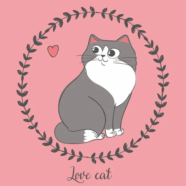 Kalp ile yuvarlak çiçek çerçeve içinde el çizilmiş kedi Vektör illüstrasyon, aşk kedisi harfleri, çizgi film karakteri boya kalemleri ile çizilmiş t gömlek için moda baskı olarak kullanılabilir — Stok Vektör