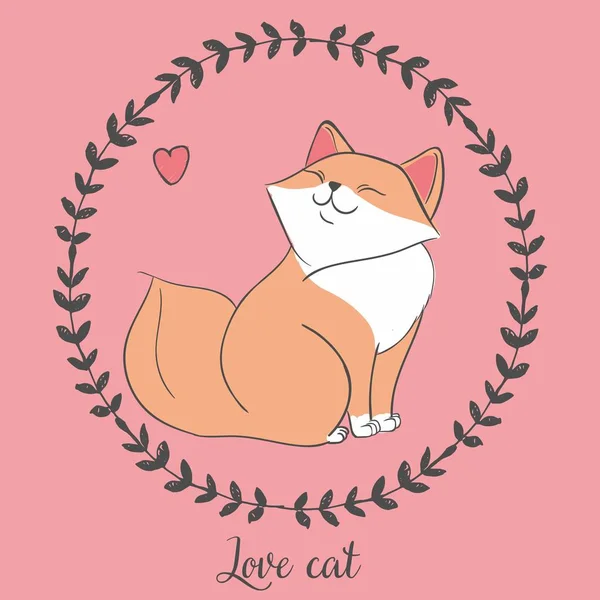 Ilustración vectorial del gato dibujado a mano dentro del marco floral redondo con el corazón, el gato del amor de letras, el carácter de la historieta se puede utilizar como impresión de moda para la camiseta dibujada con crayones — Archivo Imágenes Vectoriales