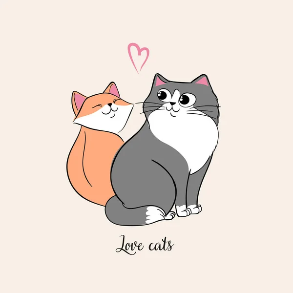 Illustrateur vectoriel d'une paire de chats amoureux, deux chats sont tombés amoureux, chatons gris et gingembre avec cœur, chats d'amour lettrés, carte de la Saint Valentin kawaii dans un style anime — Image vectorielle