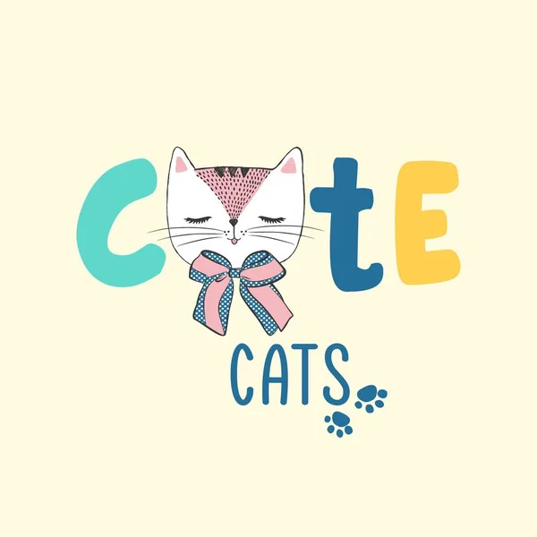 Vector ilustración dibujada a mano ith gato, logotipo para tienda de mascotas, tienda de Internet, sitio web con productos para animales, se puede utilizar como impresión de moda para camiseta, publicidad, tarjeta de dibujos animados con letras mascotas lindas — Archivo Imágenes Vectoriales