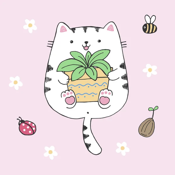 Ilustración dibujada a mano vectorial de lindo gato blanco con maceta en sus manos, flores, insectos, gatito kawaii dibujado en estilo anime abrazando una maceta con planta casera aislada sobre fondo rosa — Archivo Imágenes Vectoriales