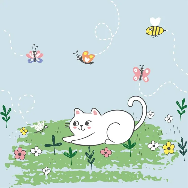 Ilustración vectorial dibujada con una tableta. Lindo gato atrapa insectos voladores, día de verano, tarjeta encantadora dibujada con crayones de colores — Vector de stock