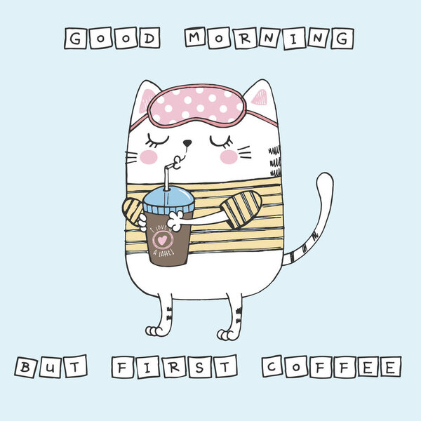 Векторная иллюстрация милого жирного спящего белого кота с закрытыми глазами, полоска для сна в горошек на голове, чашка кофе, нарисованная от руки карикатура с надписью доброе утро, но первый кофе
