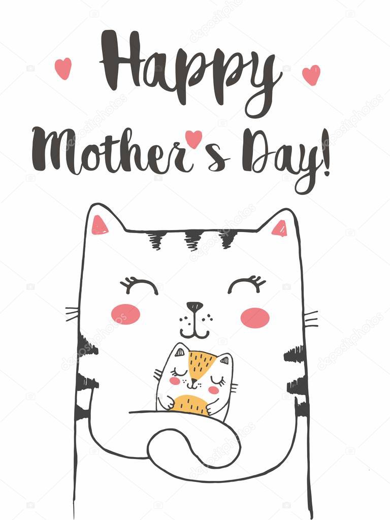 Vector illustration of mother cat with of cute little kitten, hand drawn greeting card with lettering happy mother's day, cat family, mummy with sleeping baby