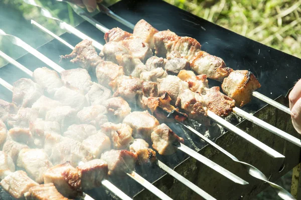 Barbecue Sulla Griglia Estate All Aperto Mani Girano Spiedo Arrostire — Foto Stock