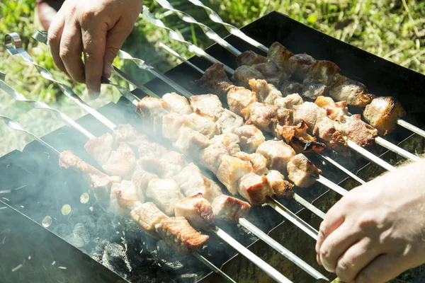 Barbecue Sulla Griglia Estate All Aperto Mani Girano Spiedo Arrostire — Foto Stock