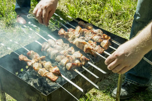Barbecue Sur Gril Été Extérieur Les Mains Tournent Brochette Pour — Photo