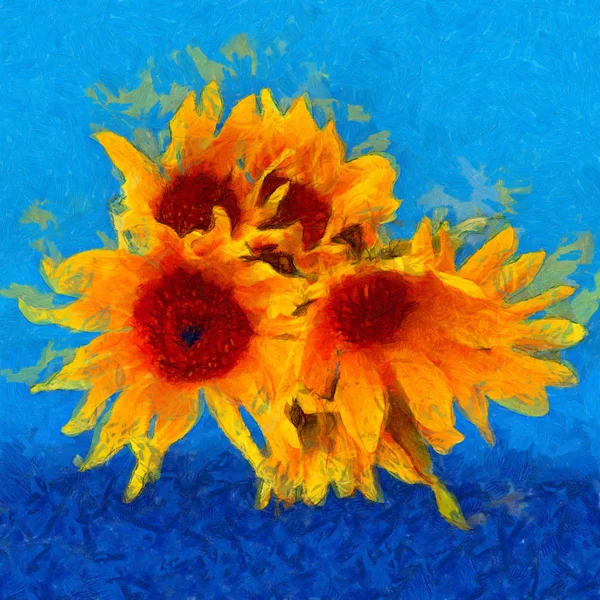 sunflower flower in small clear glass isolated on blue, digital painting. imitation of the style of Van Gogh