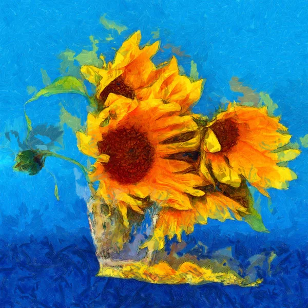 Tournesol Petit Verre Clair Isolé Sur Bleu Peinture Numérique Imitation — Photo