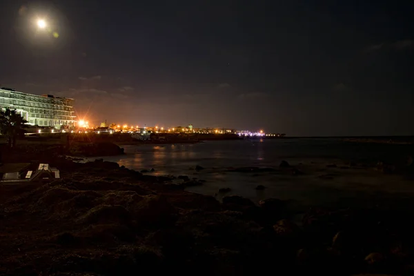 Chypre Paphos Panorama Nocturne Ville Dans Les Lumières Littoral Mer — Photo