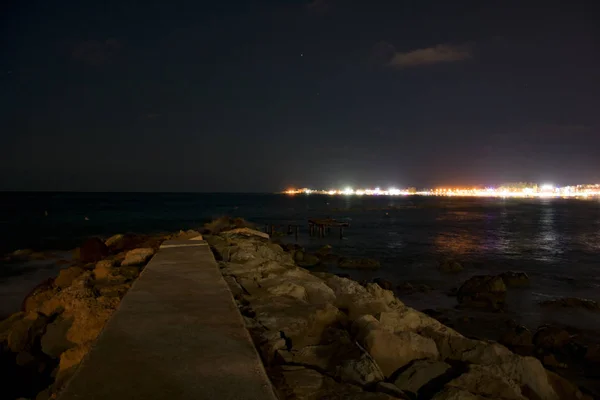 Chypre Paphos Panorama Nocturne Ville Dans Les Lumières Littoral Mer — Photo
