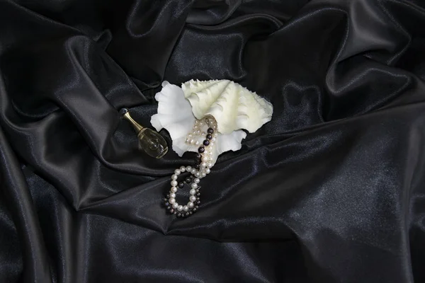 on black silk are figured shells, pearl necklaces, perfume, fash