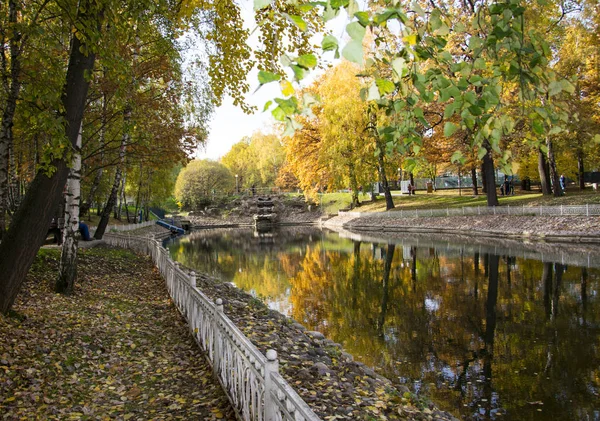 Podzimní Park, stromy odrážející se v rybníčku, bílý rezavý plot, důvtip — Stock fotografie