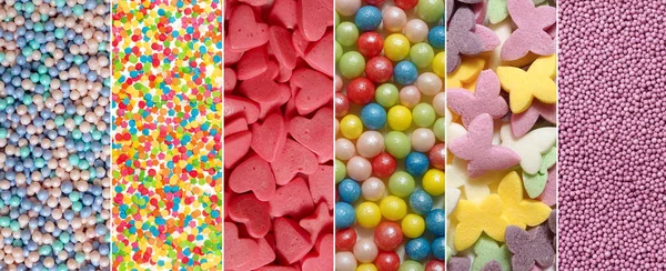 Zuckerbonbons Zum Dekorieren Des Kuchens Collage Gebäck Dekoration Backen Nahaufnahme — Stockfoto