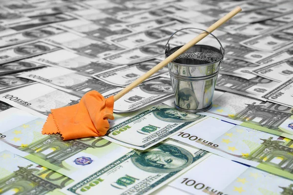 Laundering Money Concept Corruption Bucket Water Mop Rag Stand Dollar — Stock Photo, Image
