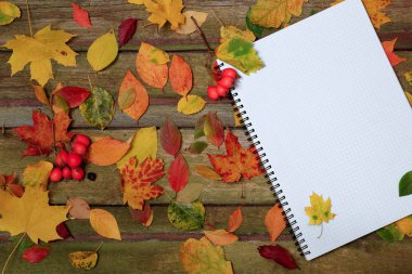 Eski bir ahşap masa üstünde not etmek. Metin için yer. Renkli sonbahar yaprakları ve eski masa üstünde defter.