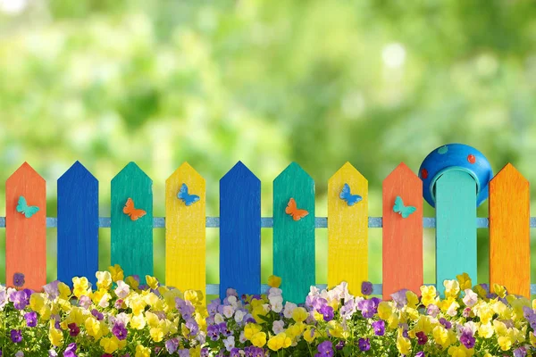 Multi-colored fence. A flower bed with flowers in front of a fence of multi-colored boards. Blurred green background. Collage — Stock Image Multi Colored Fence Flower Bed Flowers Front Fence Multi Colored Stock Photo