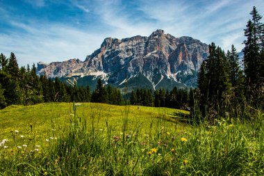 Dolomitlerin karakteristik manzarası. Çimenler, taşlar, çizgilerinde heybetli bulutlar olan bir gökyüzü..