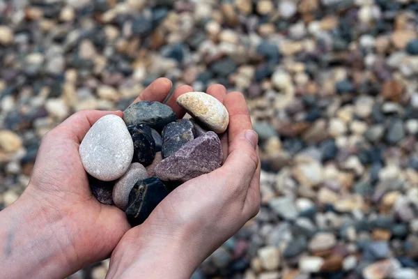 A handful of stones in hands against a background of stone pebbles for summer cottages and gardening