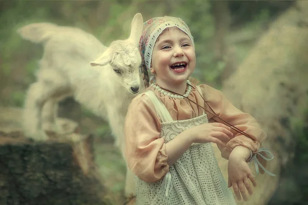 Little Girl Laughs Merrily Next Kid Goat Friendship Children Animals — Stock Photo, Image