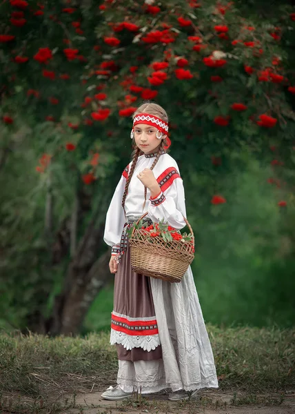 Young Girl Basket Full Rowan Trees Her Hands Background Tree — Stock Photo, Image