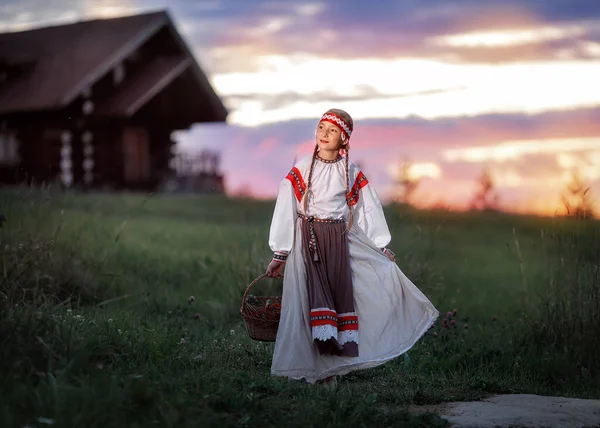 Piękna Dziewczyna Koszykiem Jagód Rowan Rękach Tle Zachodu Słońca Portret — Zdjęcie stockowe