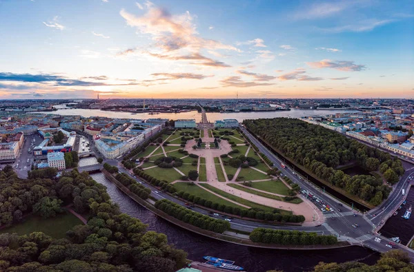 SAINT-PETERSBURG Russia: beautiful Top view of historic city centre St. Petersburg an the field of Mars, summer garden and the Neva river from the air, on a Sunny summer day