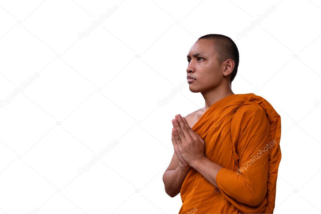 Portrait asian monk,Thai Novice are prayer, Buddhist are smile face, Indian monk, happy novices, thai monk in Buddhist temple,Time to concentrate,The monks to pray respect to the Buddha, Thai culture,