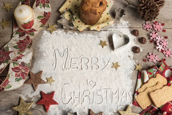 Merry Christmas Text Made Flour Surrounded Christmas Decorations Seasonal Concept Royalty Free Stock Images