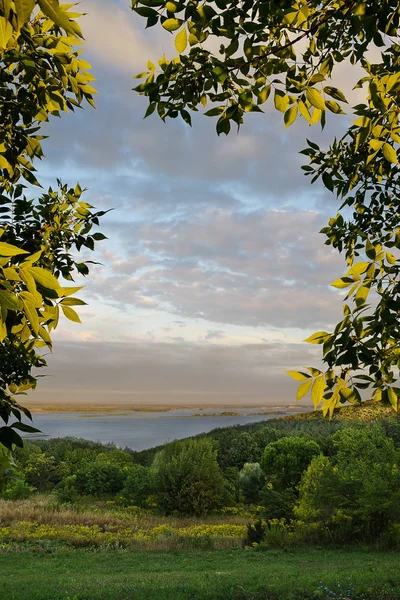 Sommerlandschaft Mit Blick Auf Den Dnepr Umrahmt Von Bäumen — Stockfoto