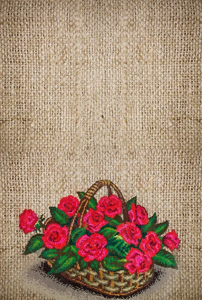 Vertical Canvas Background Embroidered Basket Red Roses Copy Space — Stock Photo, Image