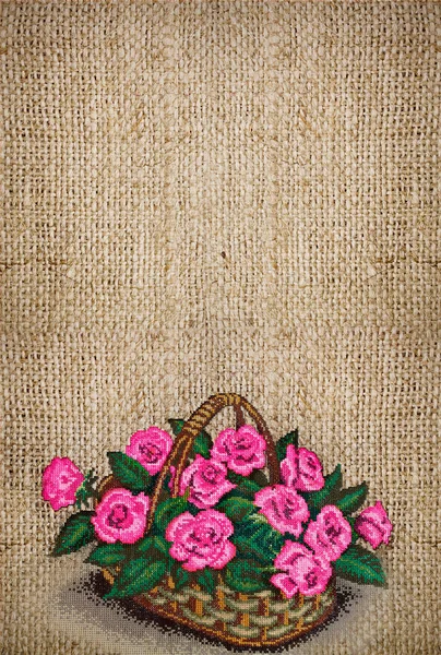 Vertical Canvas Background Embroidered Basket Pink Roses Copy Space — Stock Photo, Image