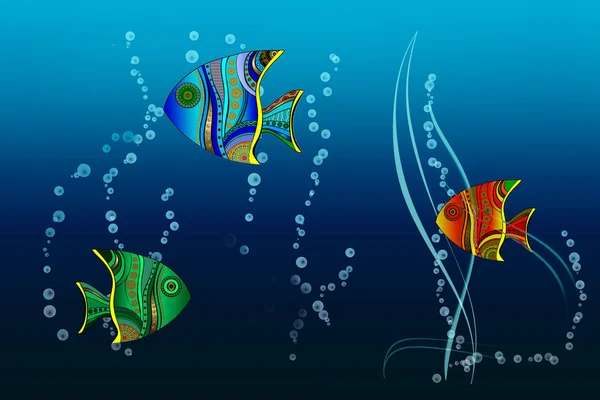 blue marine background floating colored patterned fish