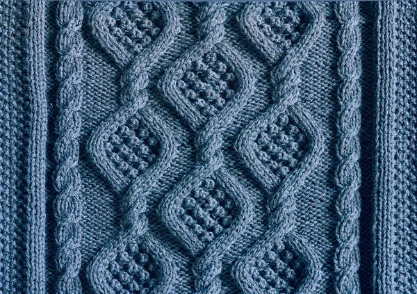 Textura Fundo Tela Malha Com Padrões Aran Closeup Cor Azul — Fotografia de Stock