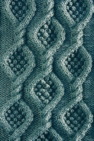 Verticale Achtergrond Textuur Gebreid Doek Met Aran Patronen Close Turquoise — Stockfoto