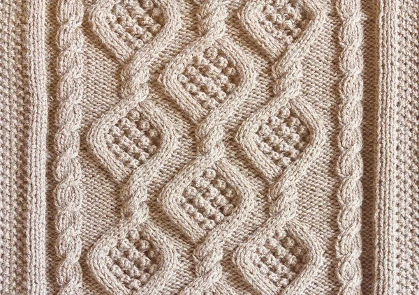 Bakgrund Textur Stickad Duk Med Mönster Aran Närbild Ljus Beige Stockbild