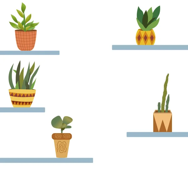 Woonplanten in potten op planken ruimte voor tekst — Stockvector