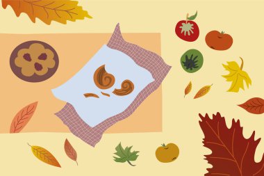 Böğürtlenli çörekler, böğürtlenli turta, elma sarısı, yeşil yapraklar sonbahar.