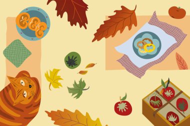 Sonbahar kompozisyonu sarı kırmızı yeşil yaprak kutusu ve elma zencefilli kedi çörekleri sıcak atmosfer manzarası