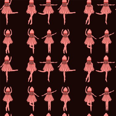 Sivri uçlu bir elbise içinde kırmızı balerinler koyu kırmızı arka plan karikatür vektörü üzerinde farklı pozlarda dans ediyorlar.