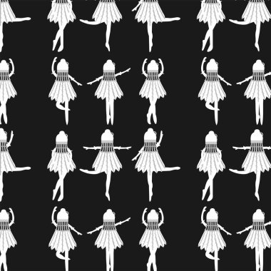 Pürüzsüz desenli beyaz balerinler siyah arka plan karikatür vektörü üzerinde farklı pozlarda dans ediyorlar.