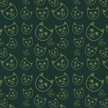 Yeşil bir arka plan duvar kağıdı illüstrasyonunda sarı çizgili şirin kedilerin yüzlerinin kusursuz deseni
