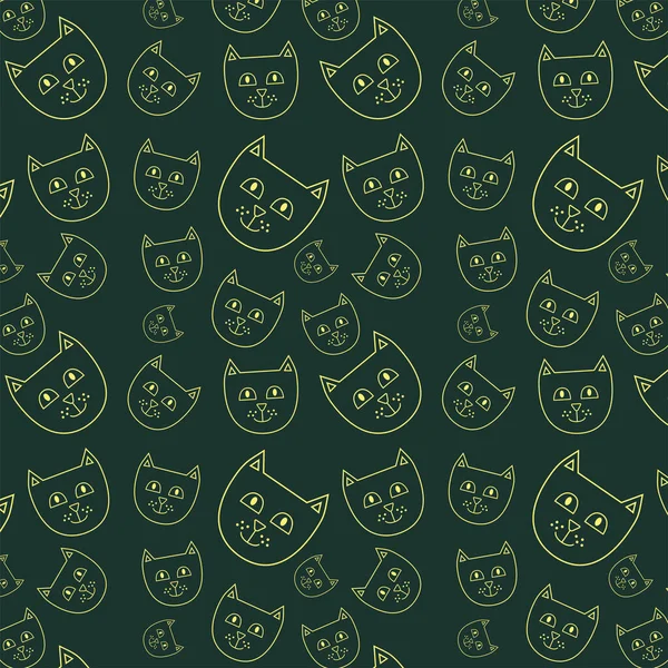 Yeşil bir arka plan duvar kağıdı illüstrasyonunda sarı çizgili şirin kedilerin yüzlerinin kusursuz deseni