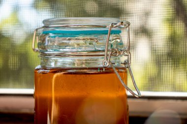 Lezzetli bir ürün için altın ballı kapaklı cam kavanoz.